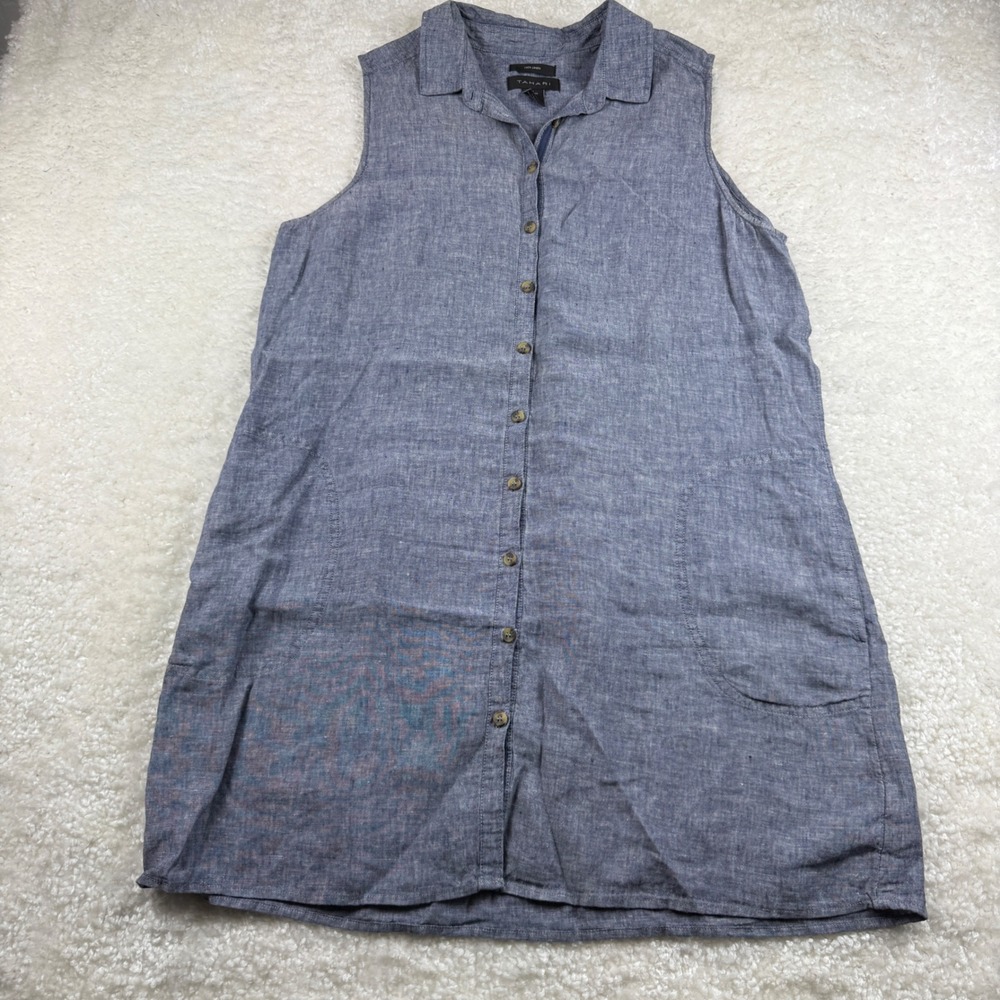 Tahari Dress Women XL Blue Sleeveless 100% Linen Button Down Shirt Dress Pockets